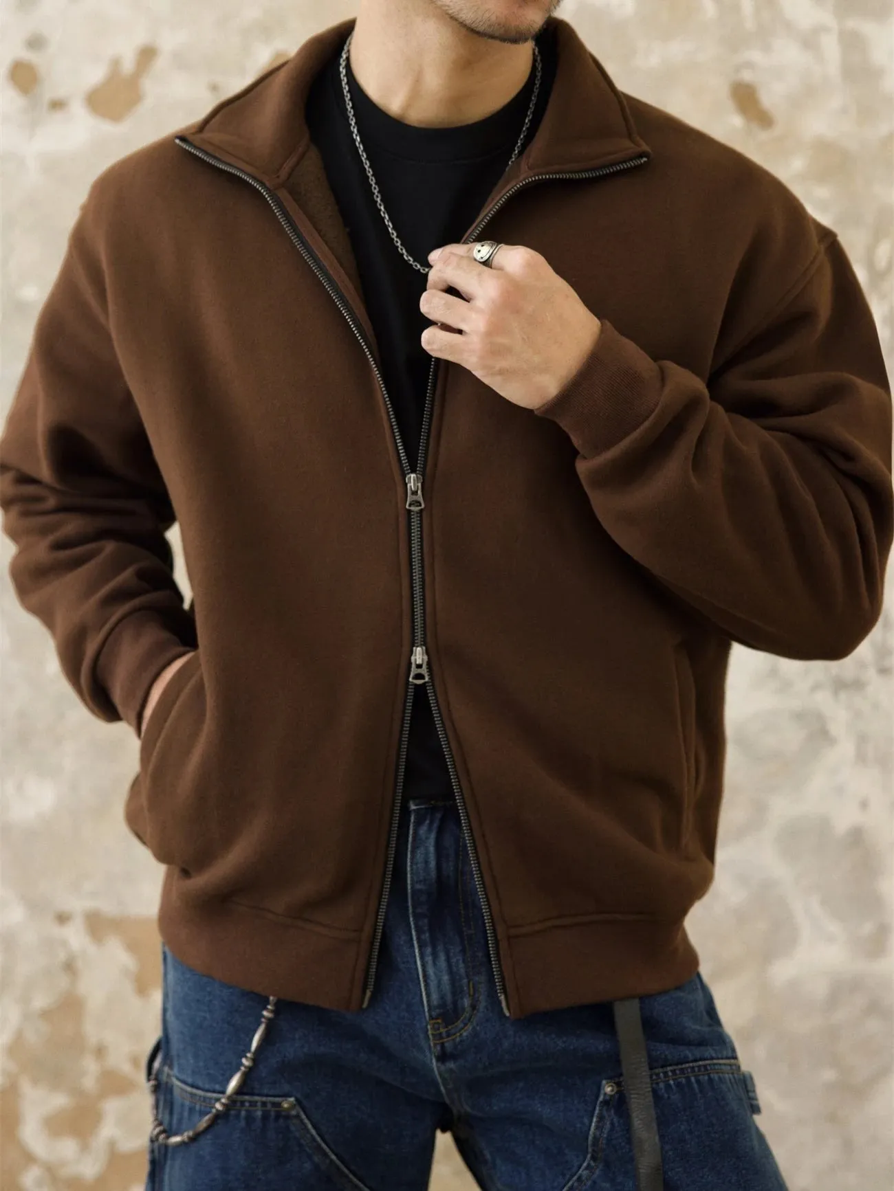 Men's Velvet Sweatshirt with Double Zipper Closure - Casual Sports Style