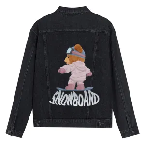 Mens Vintage Cartoon Cute Bear Prints SNOWBOARD Denim Jacket