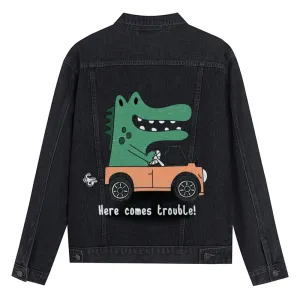 Mens Vintage Cartoon Prints Here Comes Trouble! Denim Jacket