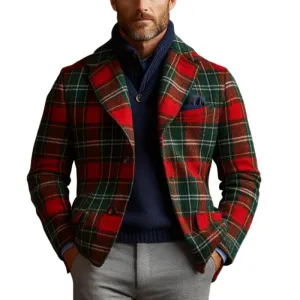 Men's Vintage Christmas Colorblock Plaid Print Tweed Lapel Single-Breasted Blazer