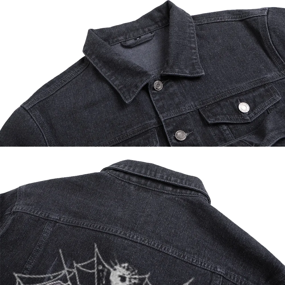 Mens Vintage LOVE IS TRAP Graphic Button Up Denim Jacket