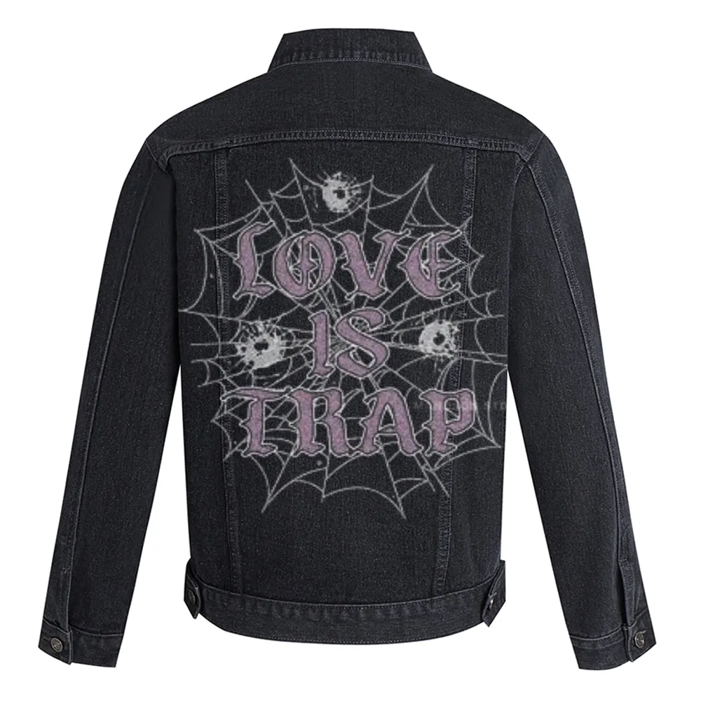 Mens Vintage LOVE IS TRAP Graphic Button Up Denim Jacket