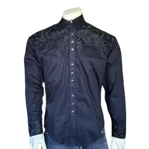 Men's Vintage Tooling Embroidered Black-on-Black Western Shirt