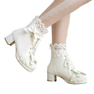 Merendy Cutat Round Toe Block Heel Lace-up Floral White Victorian Boots