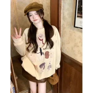 Metaversmall Casual Printing Apricot Women's Sweatshirts Winter O-neck Pullovers Fashion Female Streetwear Loose Chic Simple Hoodies