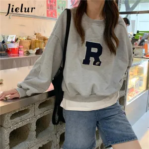 Metaversmall Lantern Sleeve Sweatshirts Women Apricot Loose Simple Letter R Embroidery O-neck Long Sleeve Tops Streetwear Hoodies M-XL