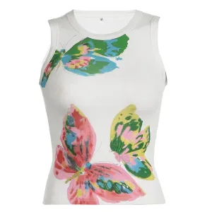 Metaversmall Y2K Aesthetic Butterfly Printed Knit Slim Summer Tank Top Sleeveless Vest Harajuku Retro Crop Tops Kawaii Korean Tees