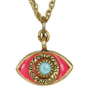 Michal Golan Aqua, Hot Pink and Gold Evil Eye Charm Necklace