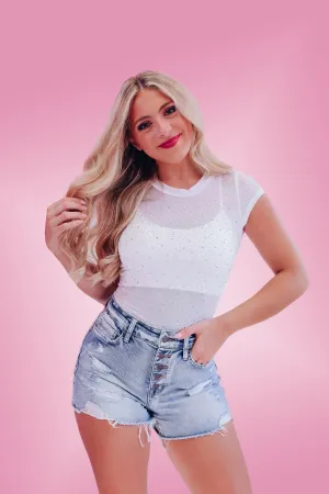 Mila Mesh Rhinestone Bodysuit - White