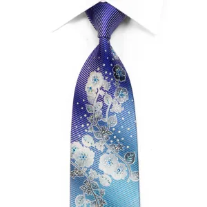 Mila Schon Rhinestone Silk Tie Silver Floral On Purple Blue With Sparkles