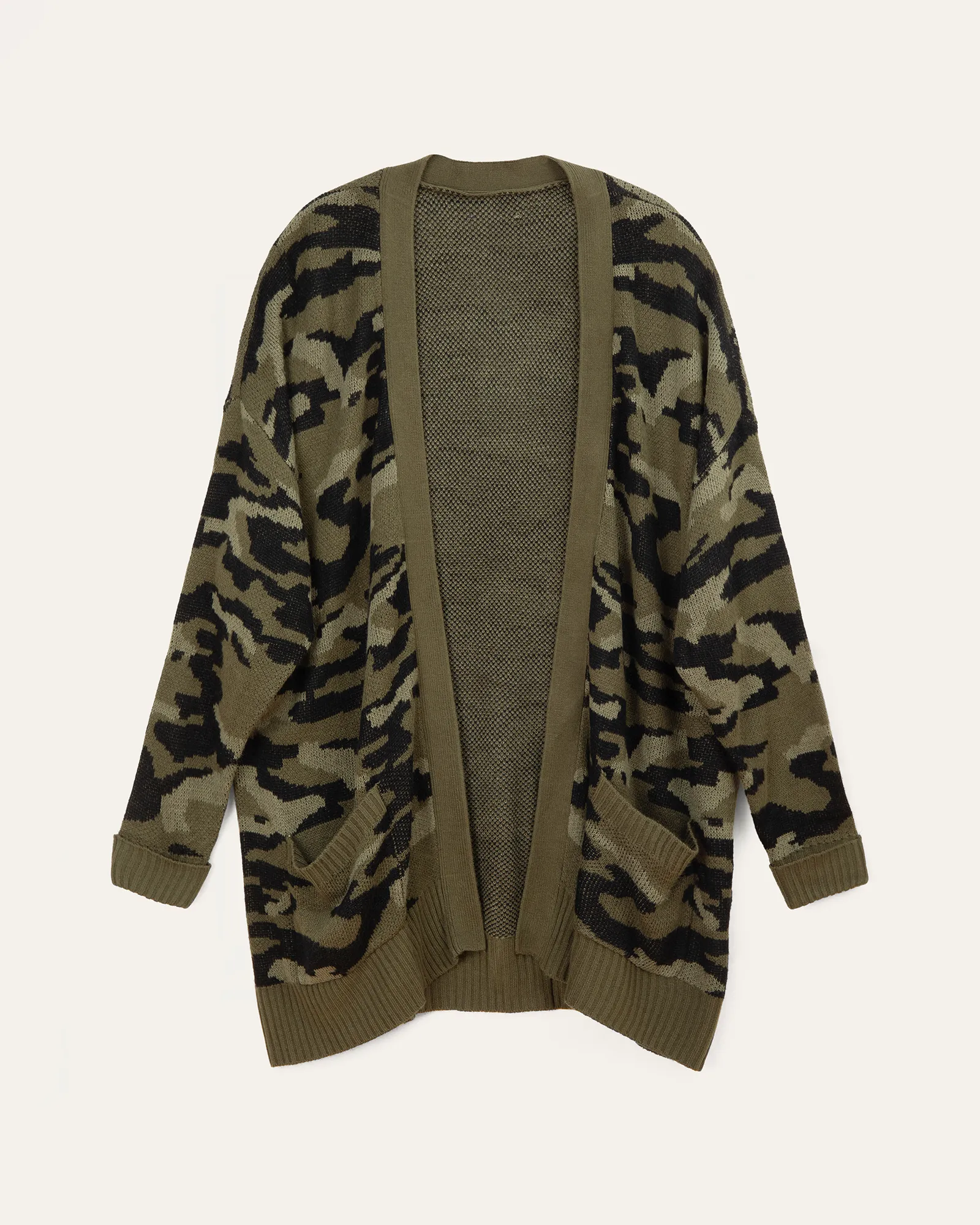 Mildred Camo Print Front Pocket Cardigan | Olive Green / Light Green