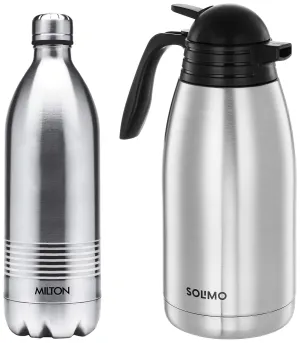 MILTON Thermo Steel Carafe Flask, 2 liters, Silver with Duo Deluxe-1000 Bottle Style Vacuum Flask, 1 Liter, Silver Combo