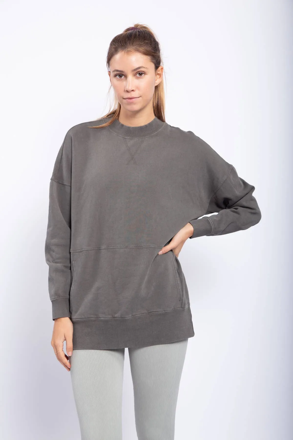 Mineral-Washed Fleece Longline Pullover