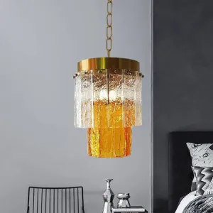 Minimal Style 2-Tiered Yellow Glass Pendant Lamp - Dining Room Hanging Light Fixture with Textured Glass