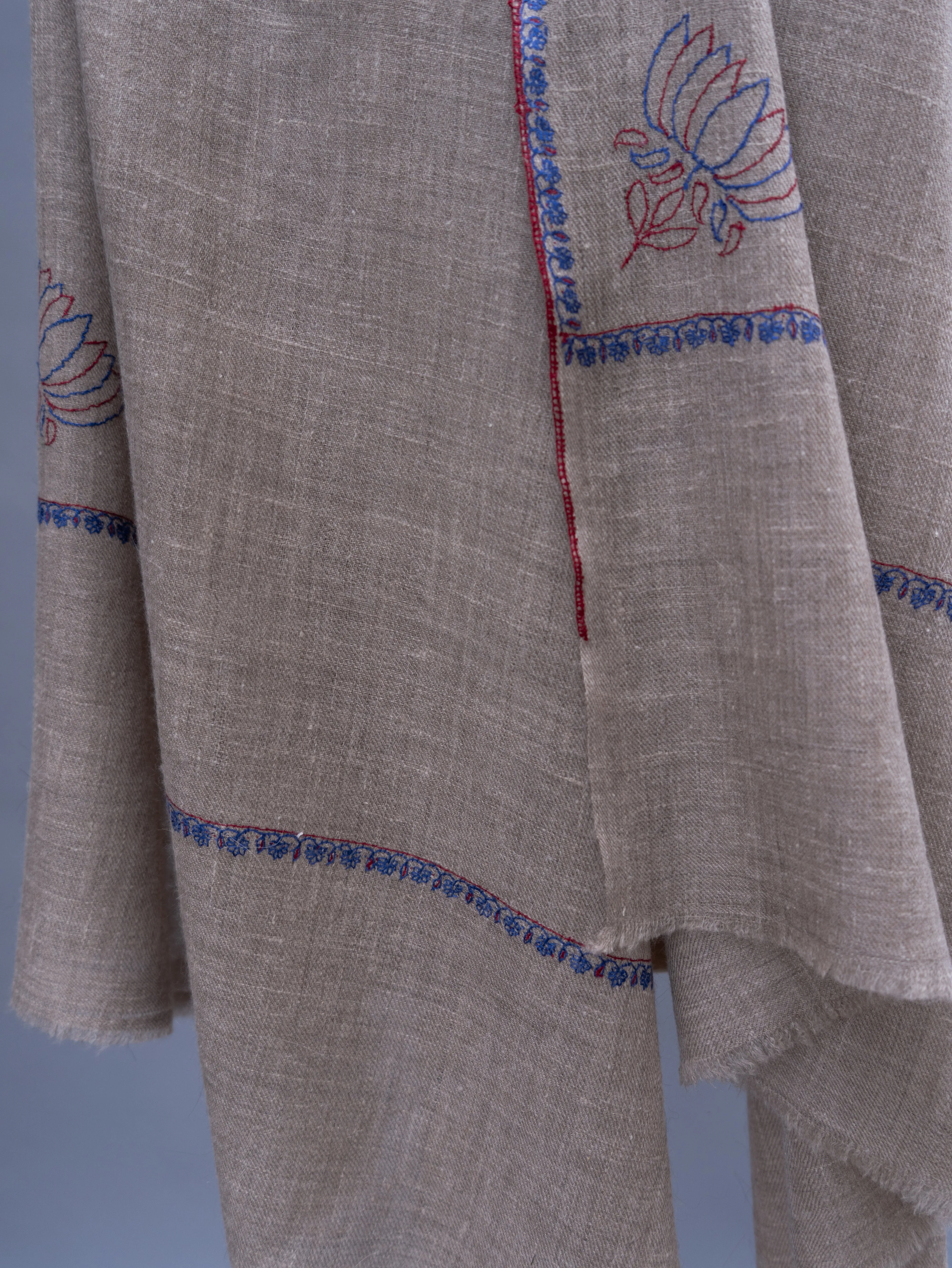 Minimalistic Border Embroidered Natural Beige Cashmere Wrap