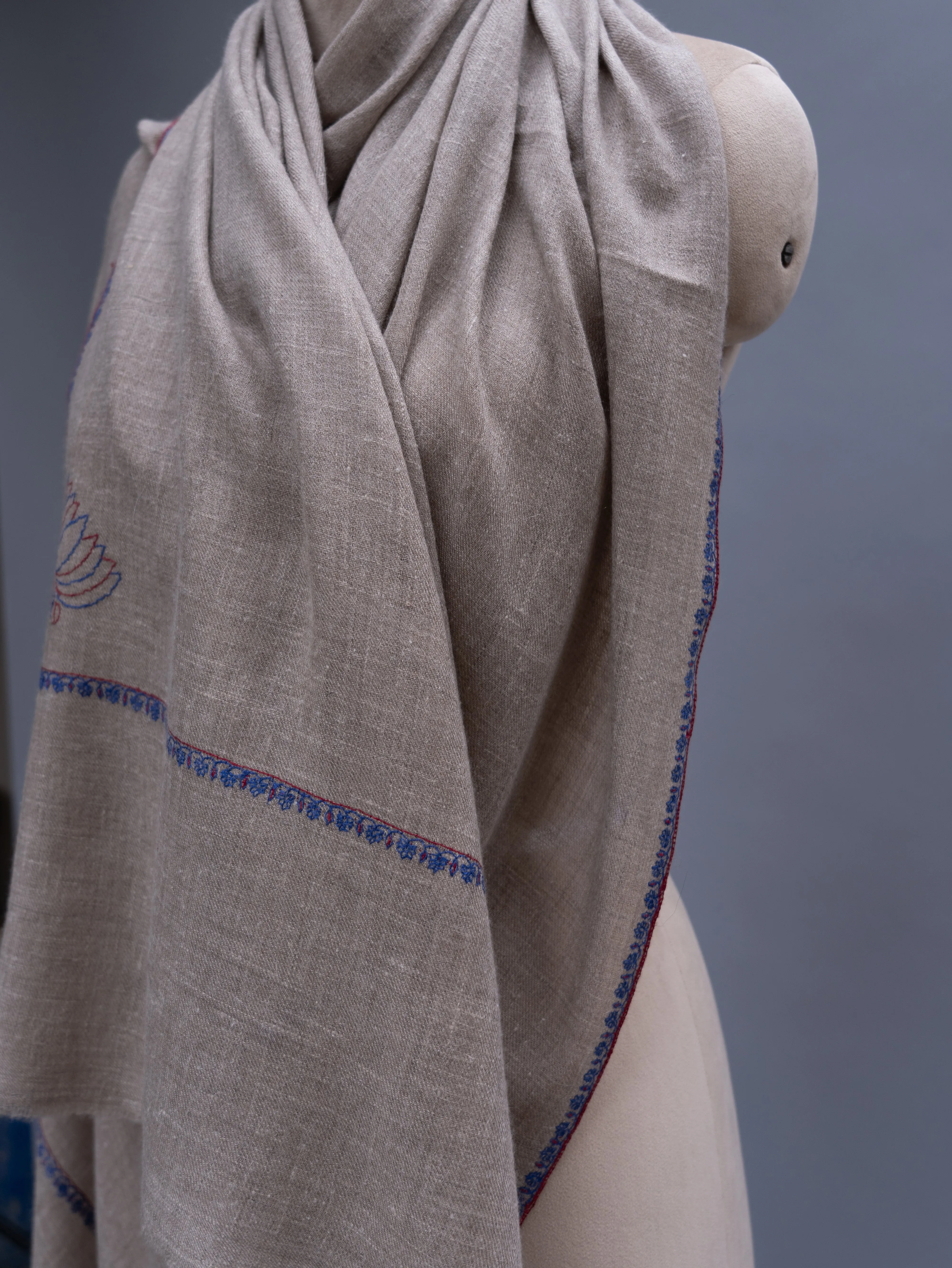 Minimalistic Border Embroidered Natural Beige Cashmere Wrap