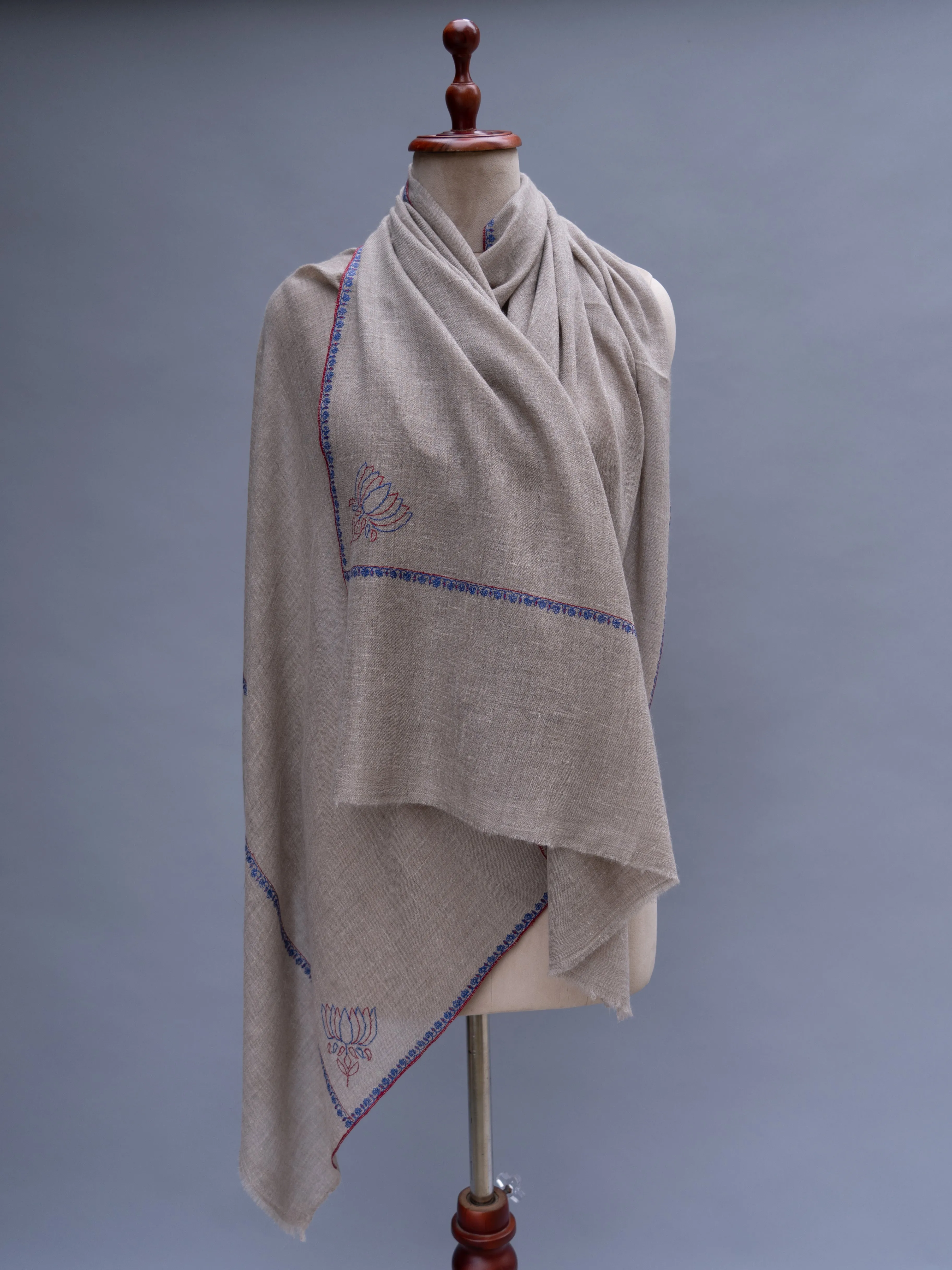 Minimalistic Border Embroidered Natural Beige Cashmere Wrap