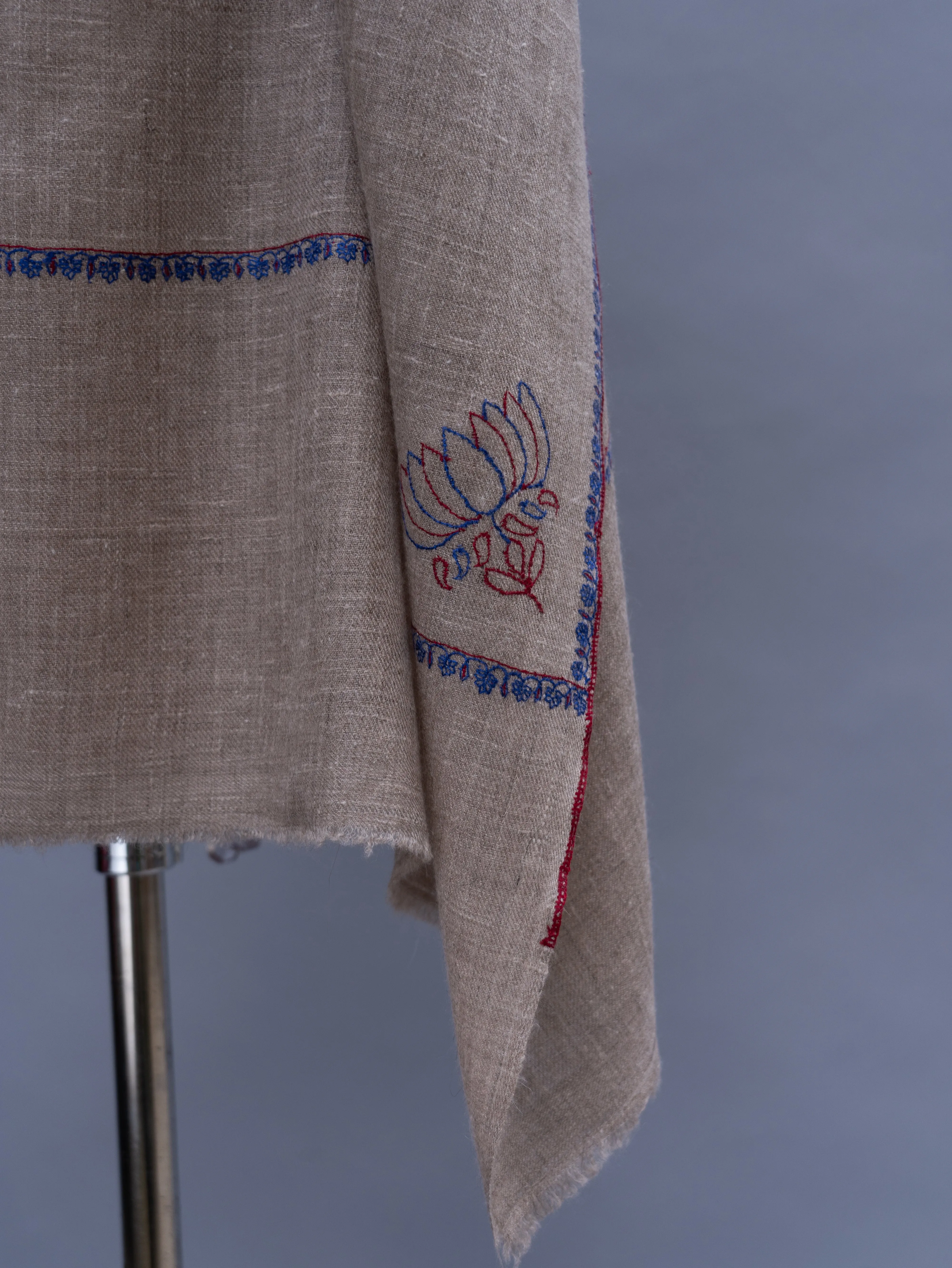 Minimalistic Border Embroidered Natural Beige Cashmere Wrap