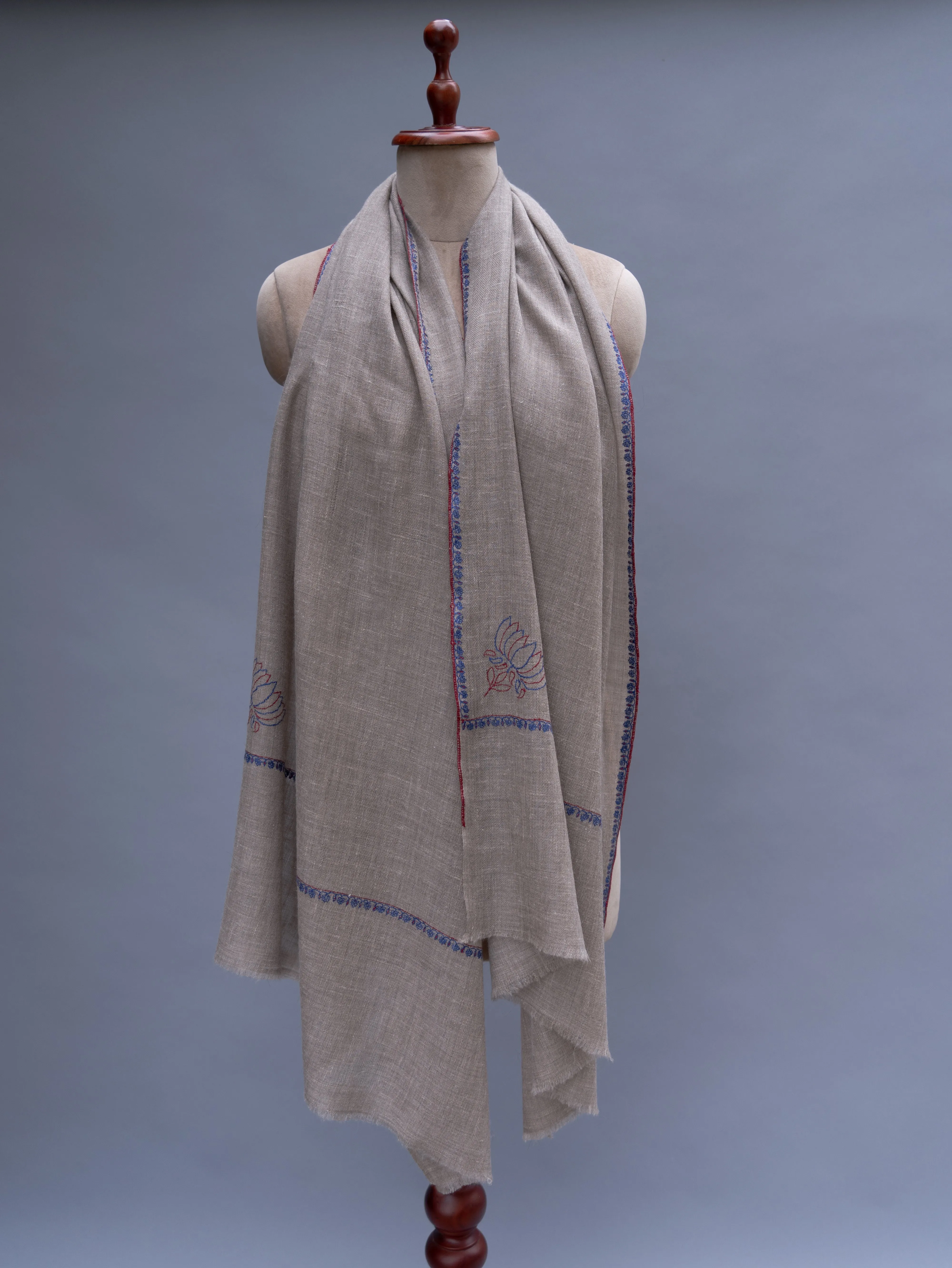 Minimalistic Border Embroidered Natural Beige Cashmere Wrap
