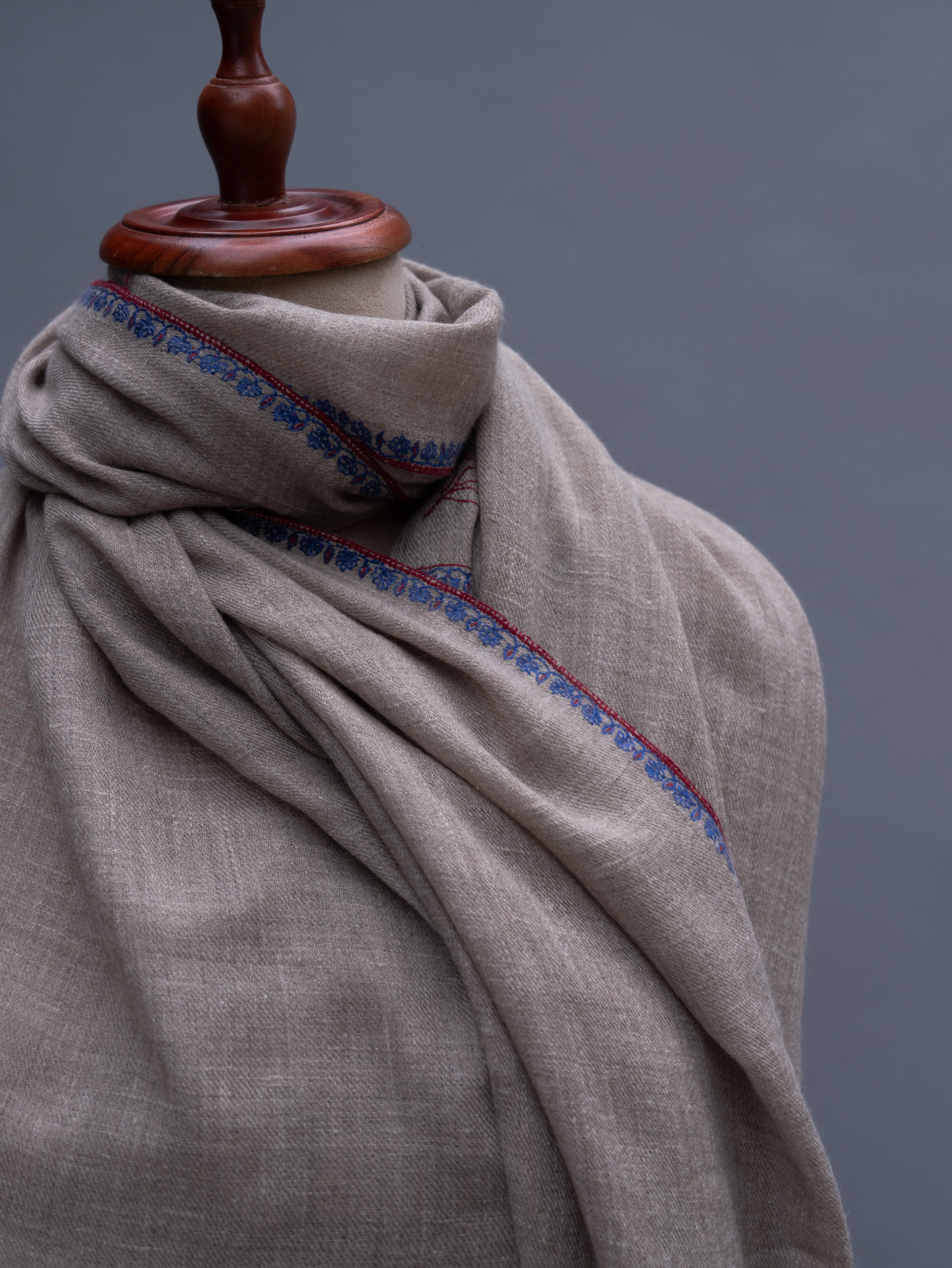 Minimalistic Border Embroidered Natural Beige Cashmere Wrap