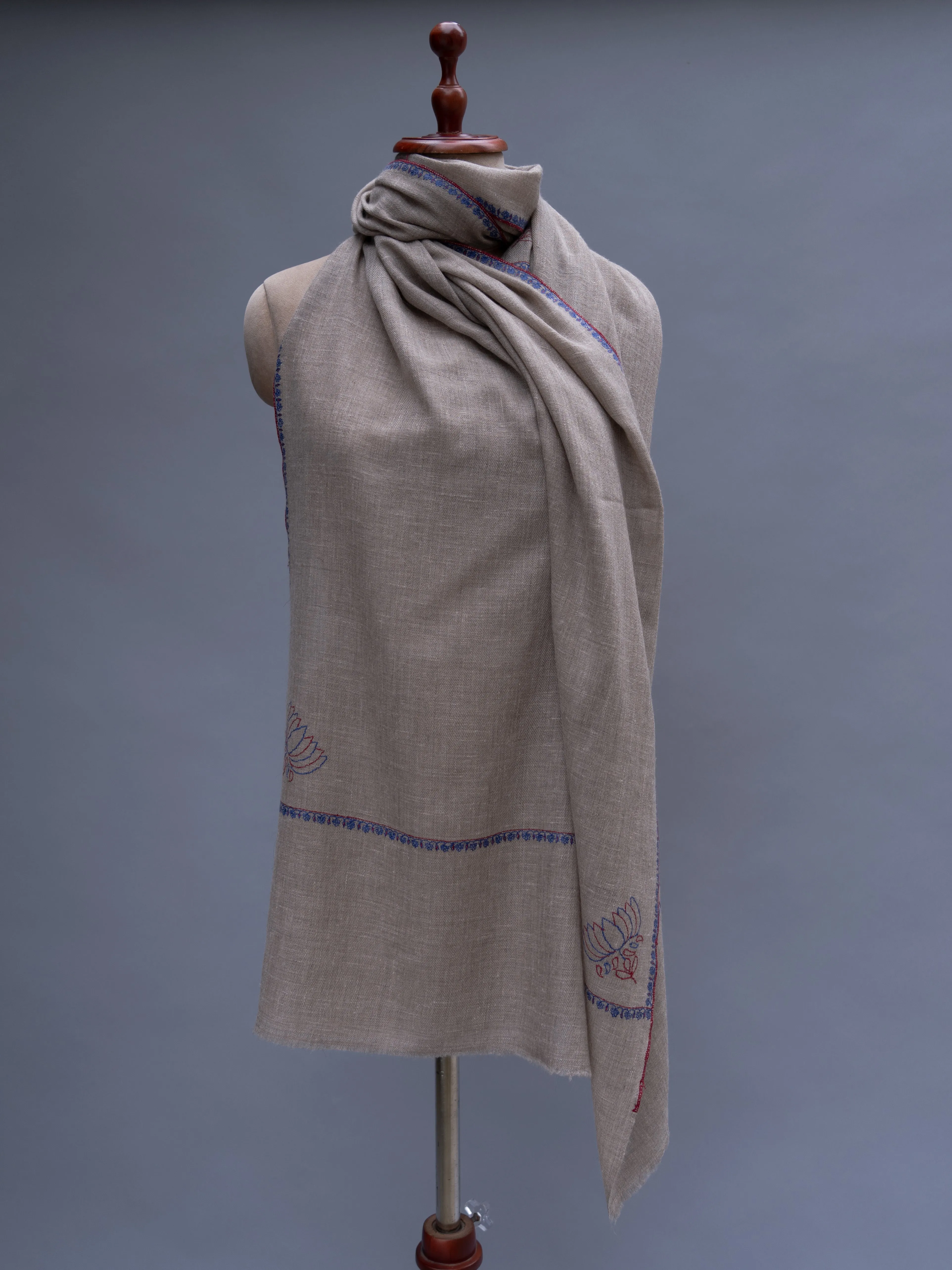 Minimalistic Border Embroidered Natural Beige Cashmere Wrap