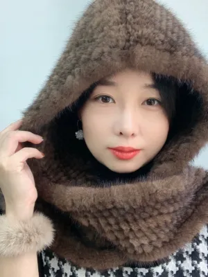 Mink hat scarf integrated inside and outside plush thickened style not picky head circumference natural color mink snow hat cold resistance warm women
