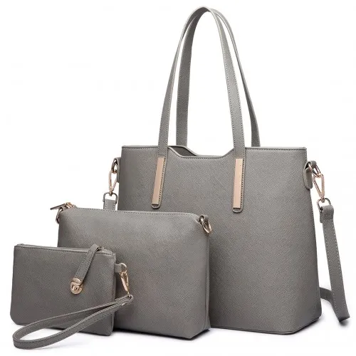Miss Lulu Three Piece Tote Shoulder Bag And Clutch - Elegant Grey
