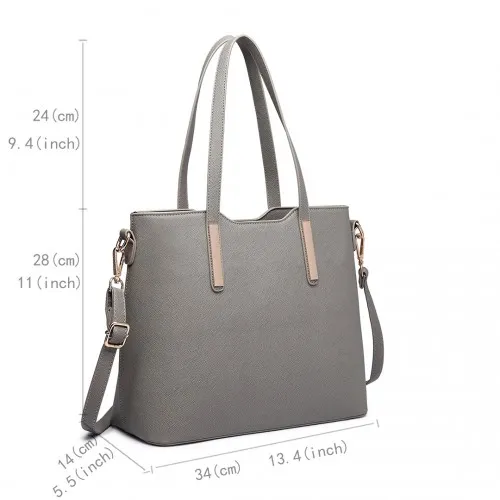 Miss Lulu Three Piece Tote Shoulder Bag And Clutch - Elegant Grey