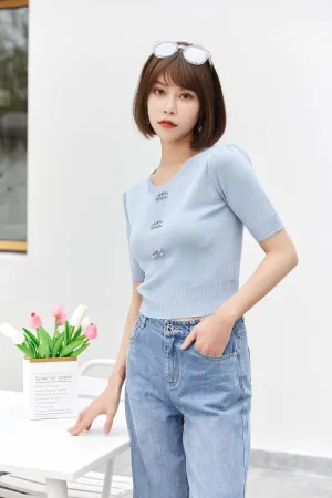 Mist Blue Short Sleeve Metal Button T-Shirt