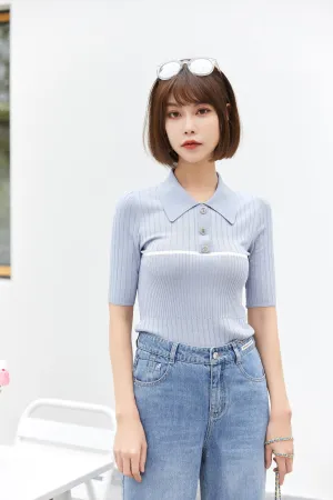 Mist Blue Slim Knitted Polo T-shirt