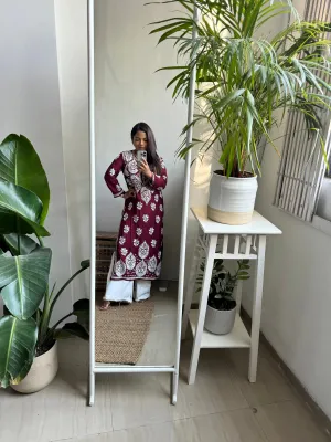Modal Chikankari Cotton Kurti - Maroon