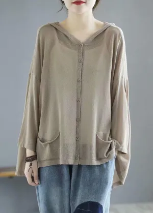 Modern Khaki Hooded Low High Design Pockets Linen Knit UPF 50  Coat Summer