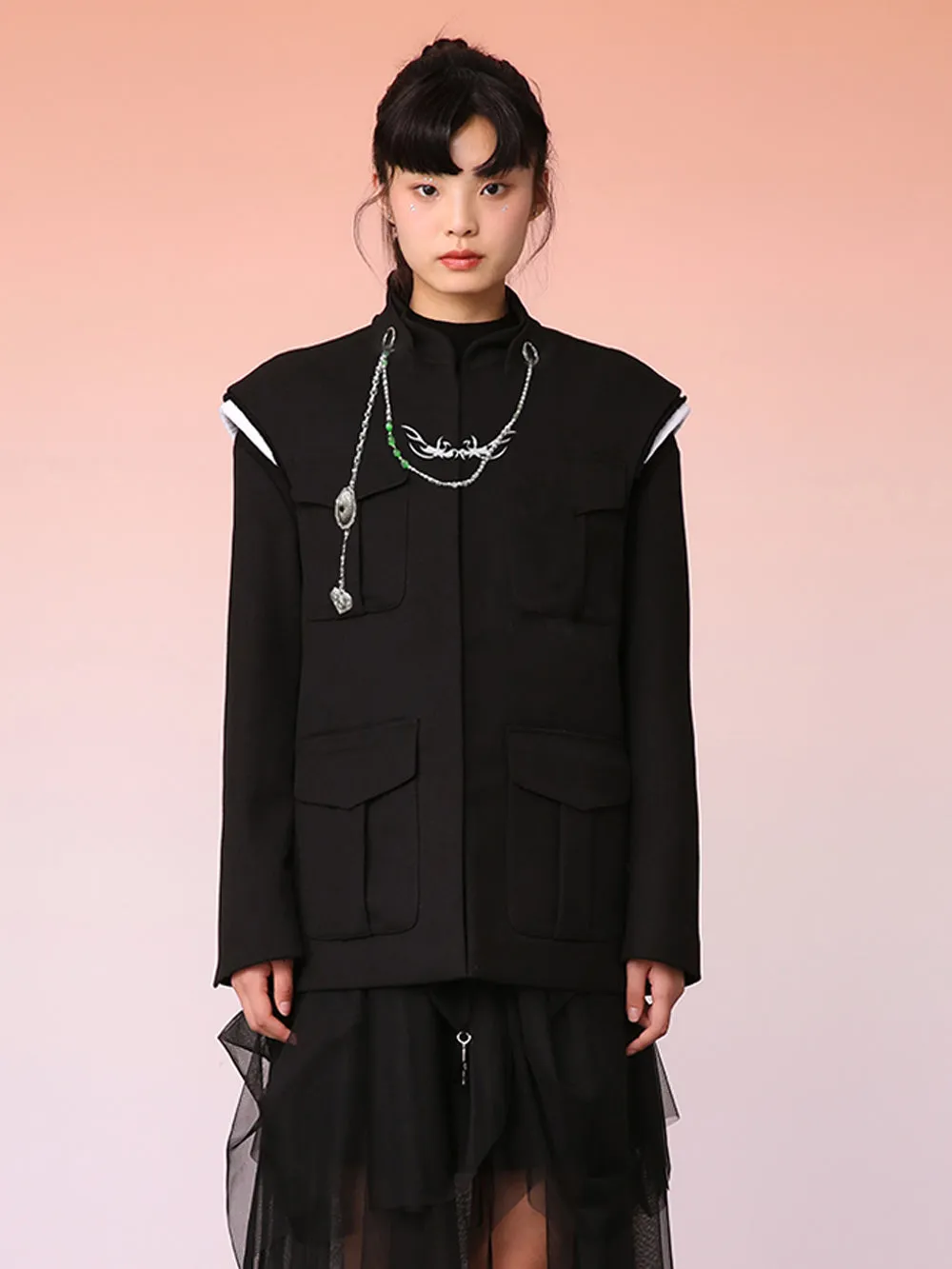 MUKZIN Black mid-length Tang Suit Design Down Jacket