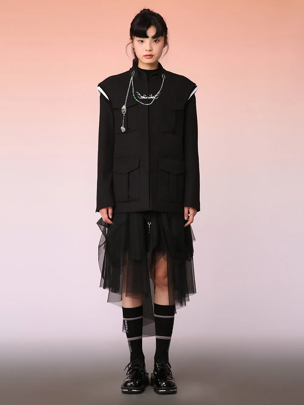 MUKZIN Black mid-length Tang Suit Design Down Jacket