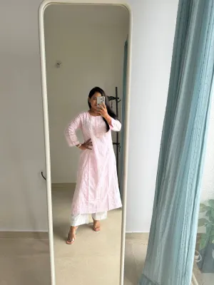 Mul Cotton Chikankari Kurti - Pink