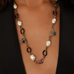 Multi Bug Charm Pearl Necklace Short
