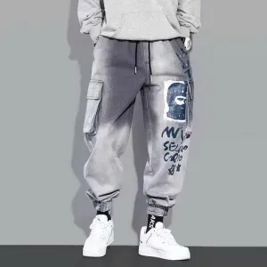 Multi-pocket tooling jeans men's trendy brand gradient trousers loose casual boys tie pants