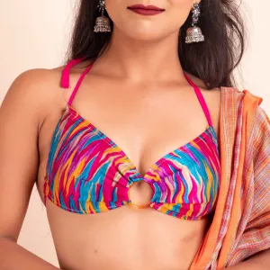 Multicolor Designer Fabric Backless Halter Neck Blouse - Non-Padded