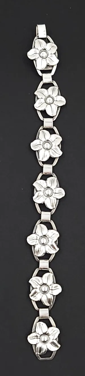 Munksgaard Denmark Art Deco Flowers #270 Sterling Panel Links Bracelet 70s