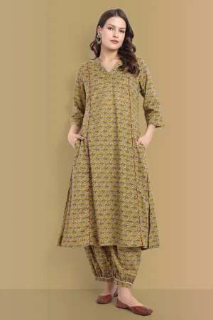 Mustard Mosaic Ajrak A Line Kurta with Harem Pant - Set of 2