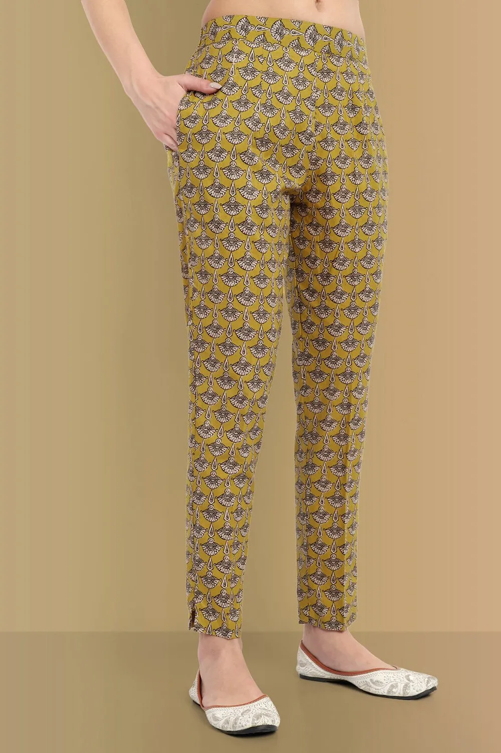 Mustard Mosaic Ajrak Boat neck Kurta, Straight Pant with Dupatta - Set of 3