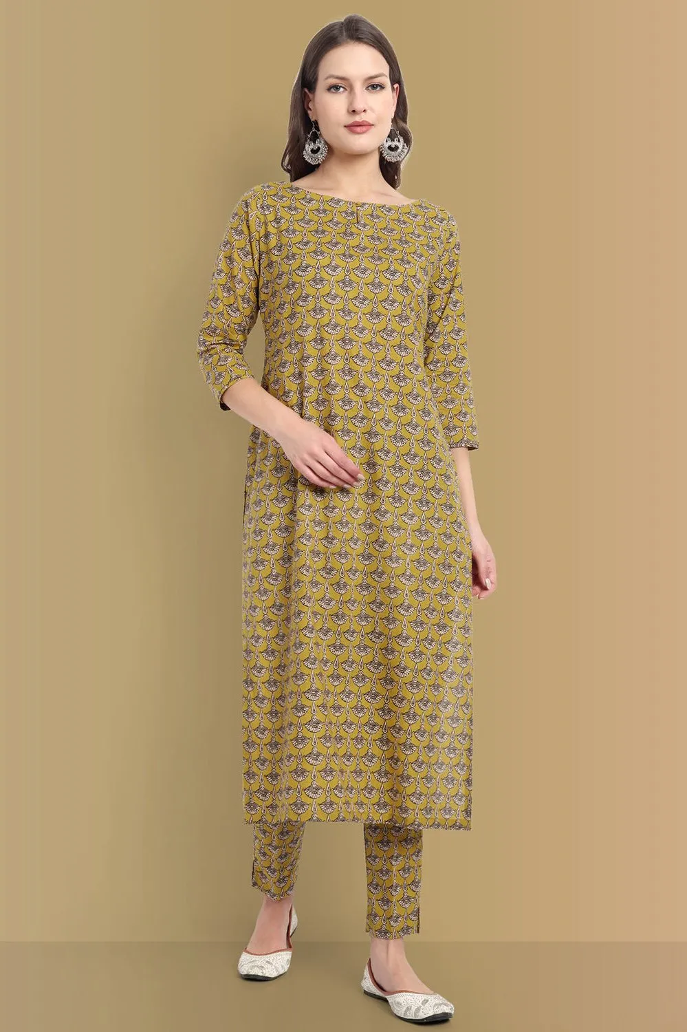 Mustard Mosaic Ajrak Boat neck Kurta, Straight Pant with Dupatta - Set of 3
