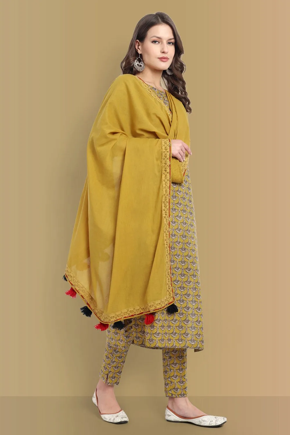 Mustard Mosaic Ajrak Boat neck Kurta, Straight Pant with Dupatta - Set of 3