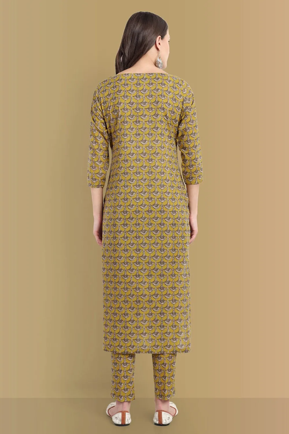 Mustard Mosaic Ajrak Boat neck Kurta, Straight Pant with Dupatta - Set of 3