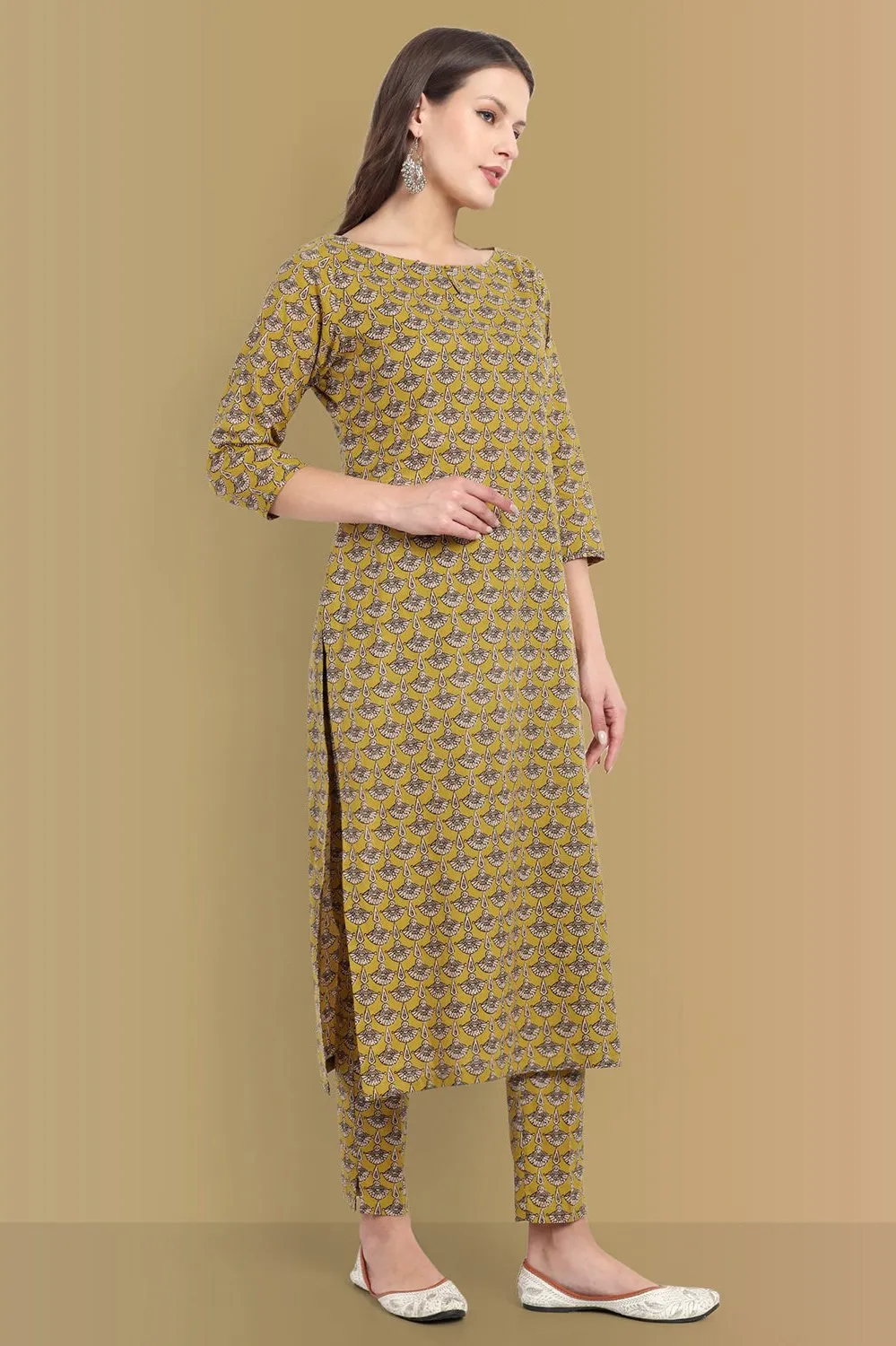 Mustard Mosaic Ajrak Boat neck Kurta, Straight Pant with Dupatta - Set of 3
