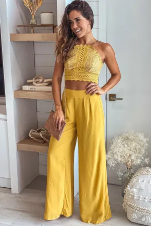 Mustard Pants And Lace Top Set