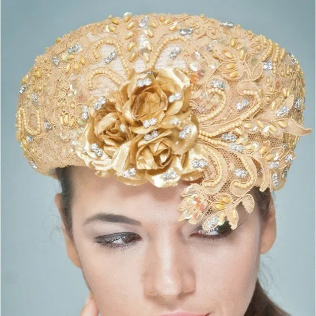 NA1035-Cream straw covered with beaded fabric
