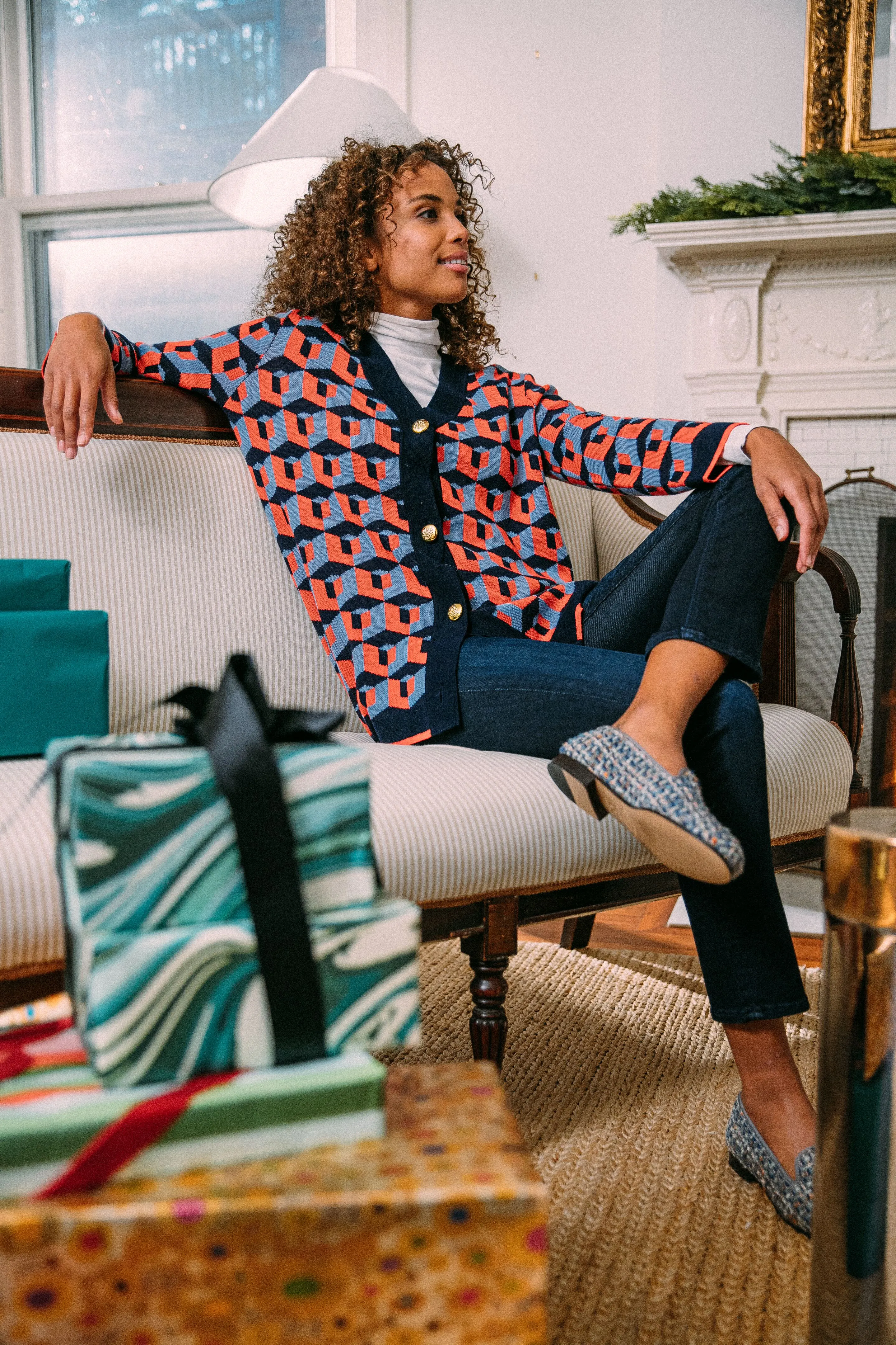 Navy and Red Geometric Lauren Cardigan