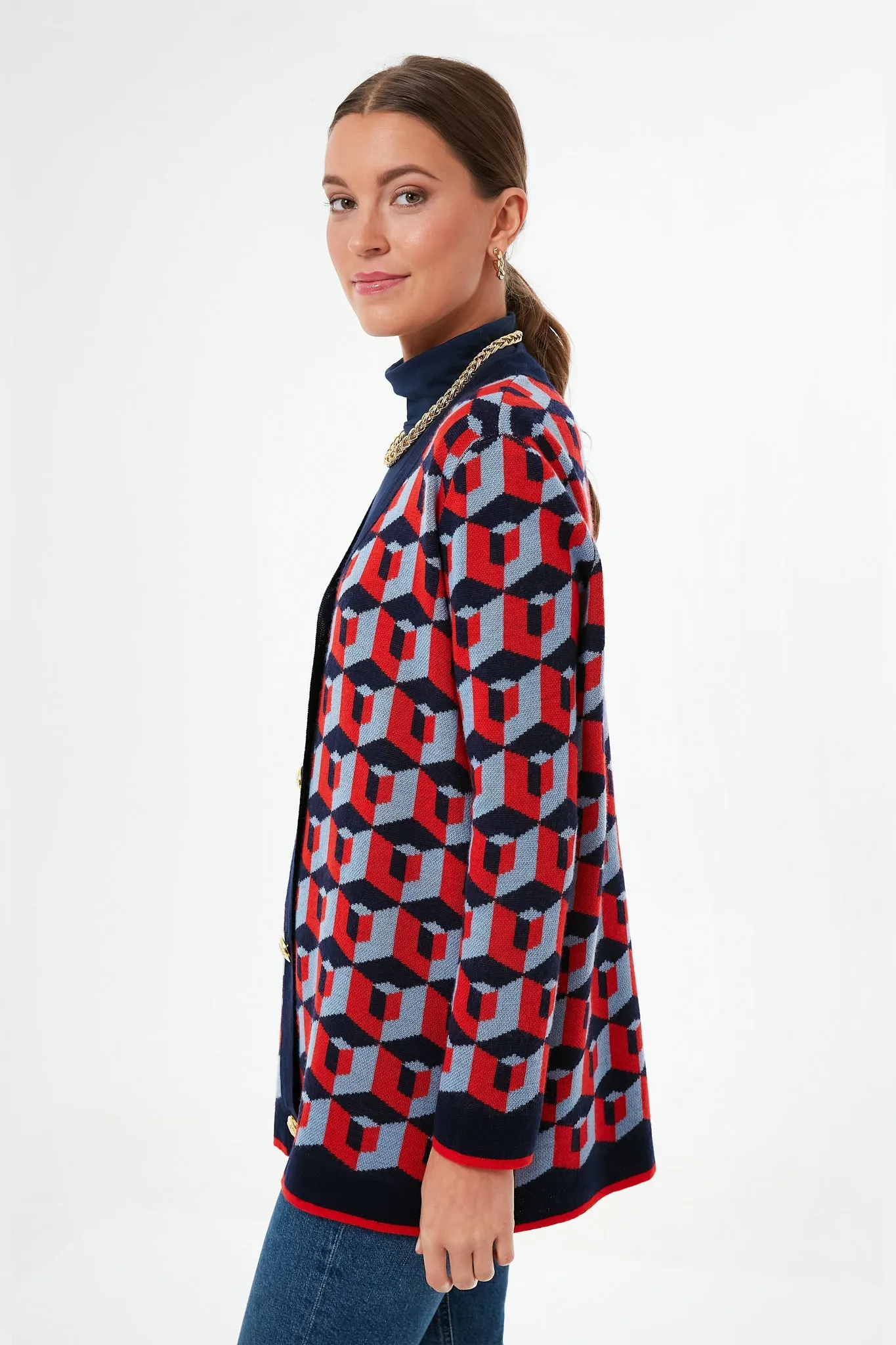 Navy and Red Geometric Lauren Cardigan