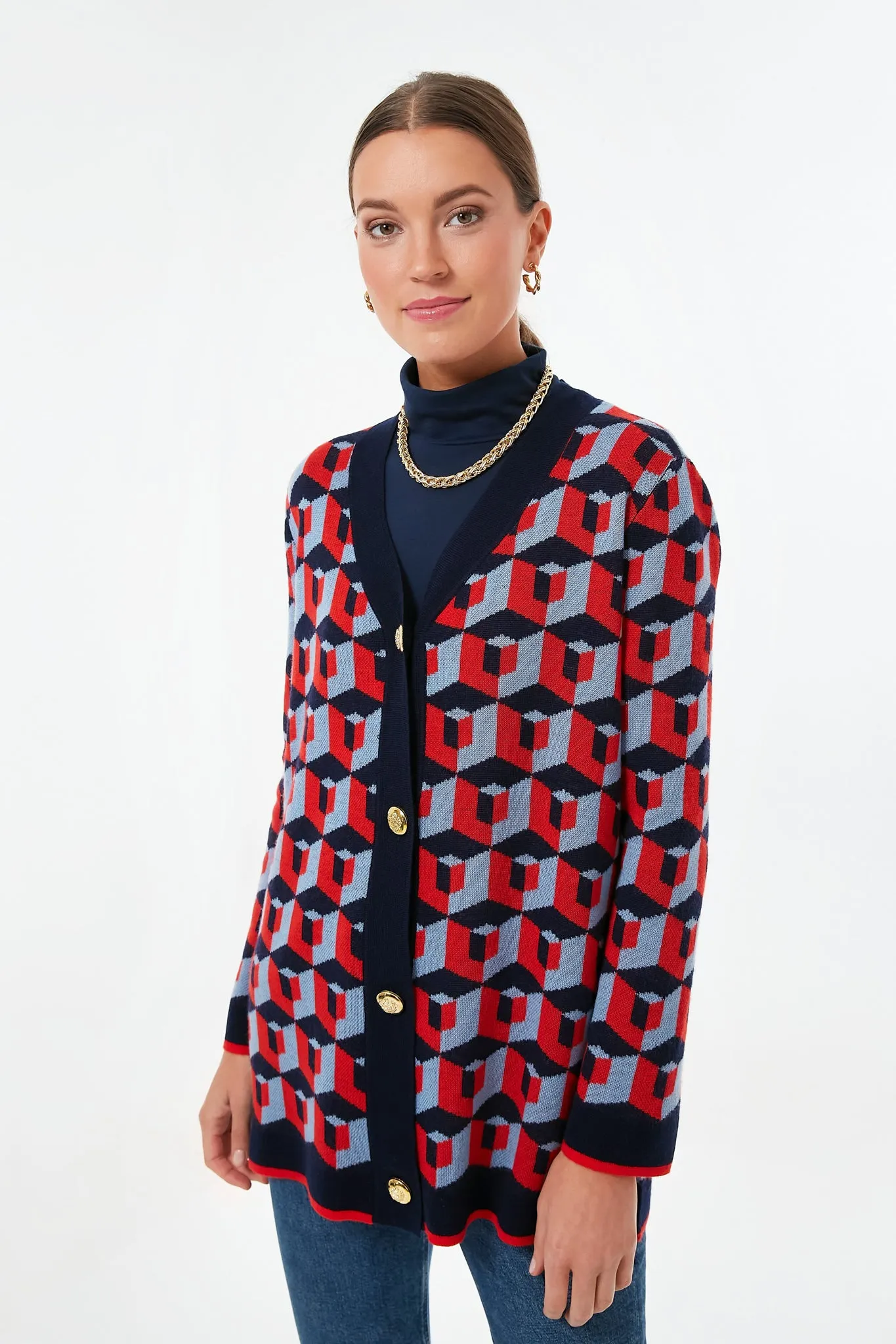 Navy and Red Geometric Lauren Cardigan